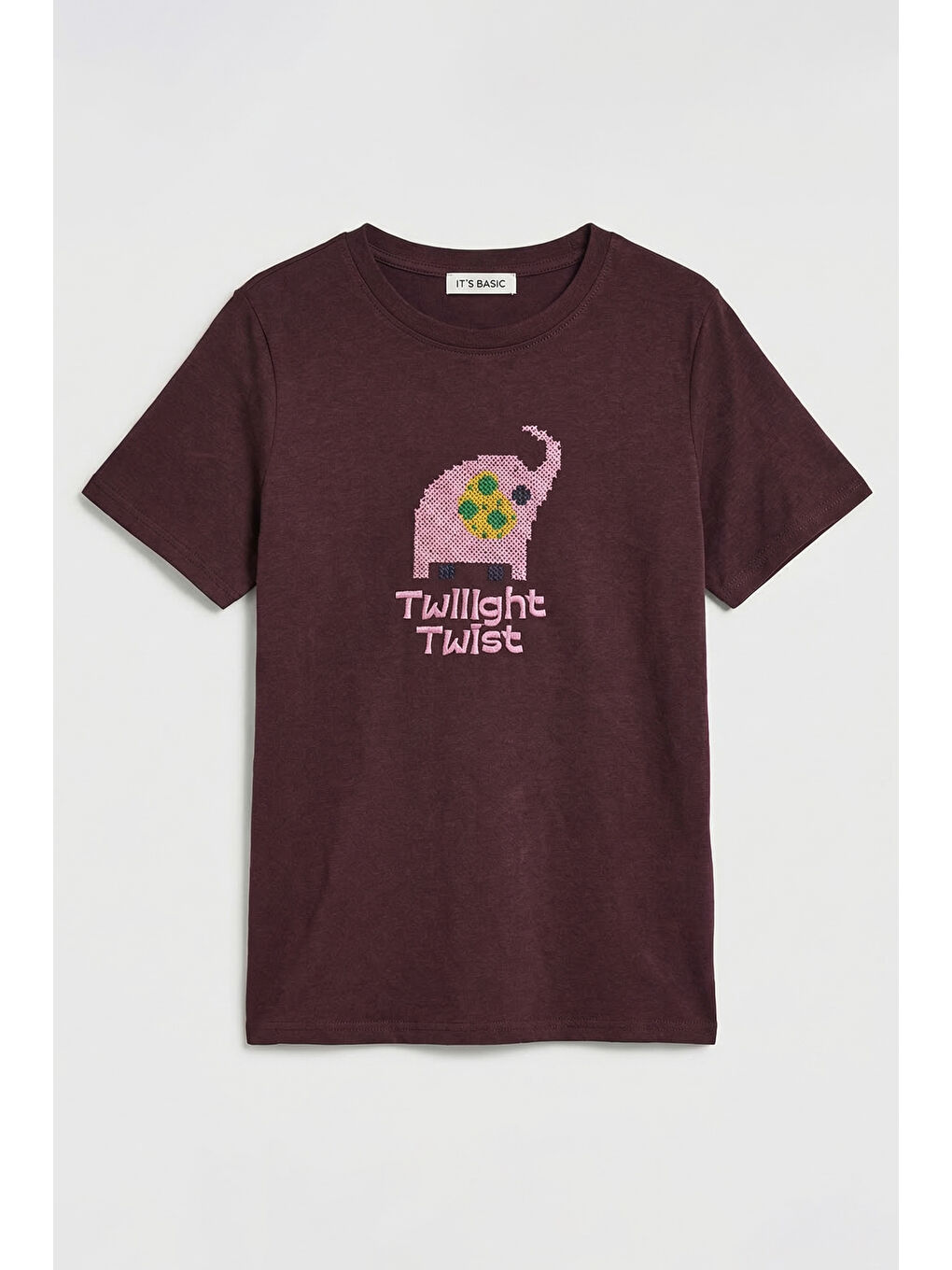 Kahverengi Kadın Kahve Bordo Renk w5 Nakış Detaylı Oversize Tasarım T-Shirt-1