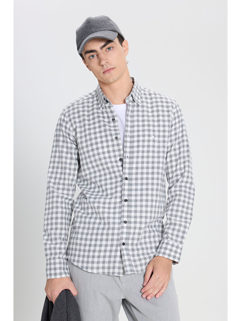 Erkek Gri-Beyaz %100 Pamuk Comfort Fit Rahat Kesim Düğmeli Yaka Flanel Gömlek-2