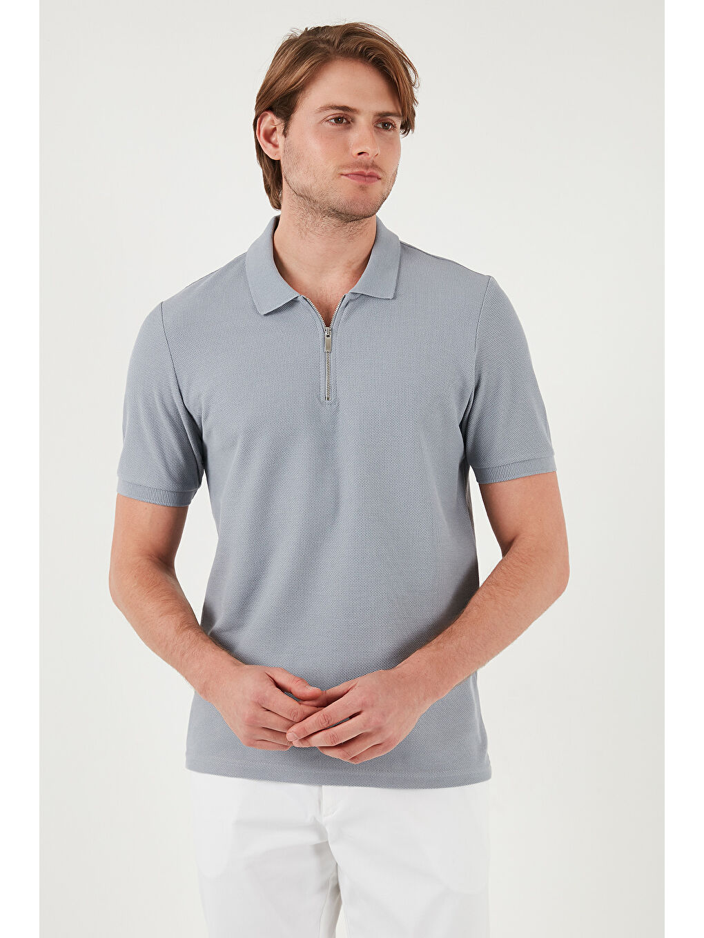 Gri Pamuklu Regular Fit Fermuarlı Erkek Polo Yaka %100 Pamuk Tişört 5902434-5