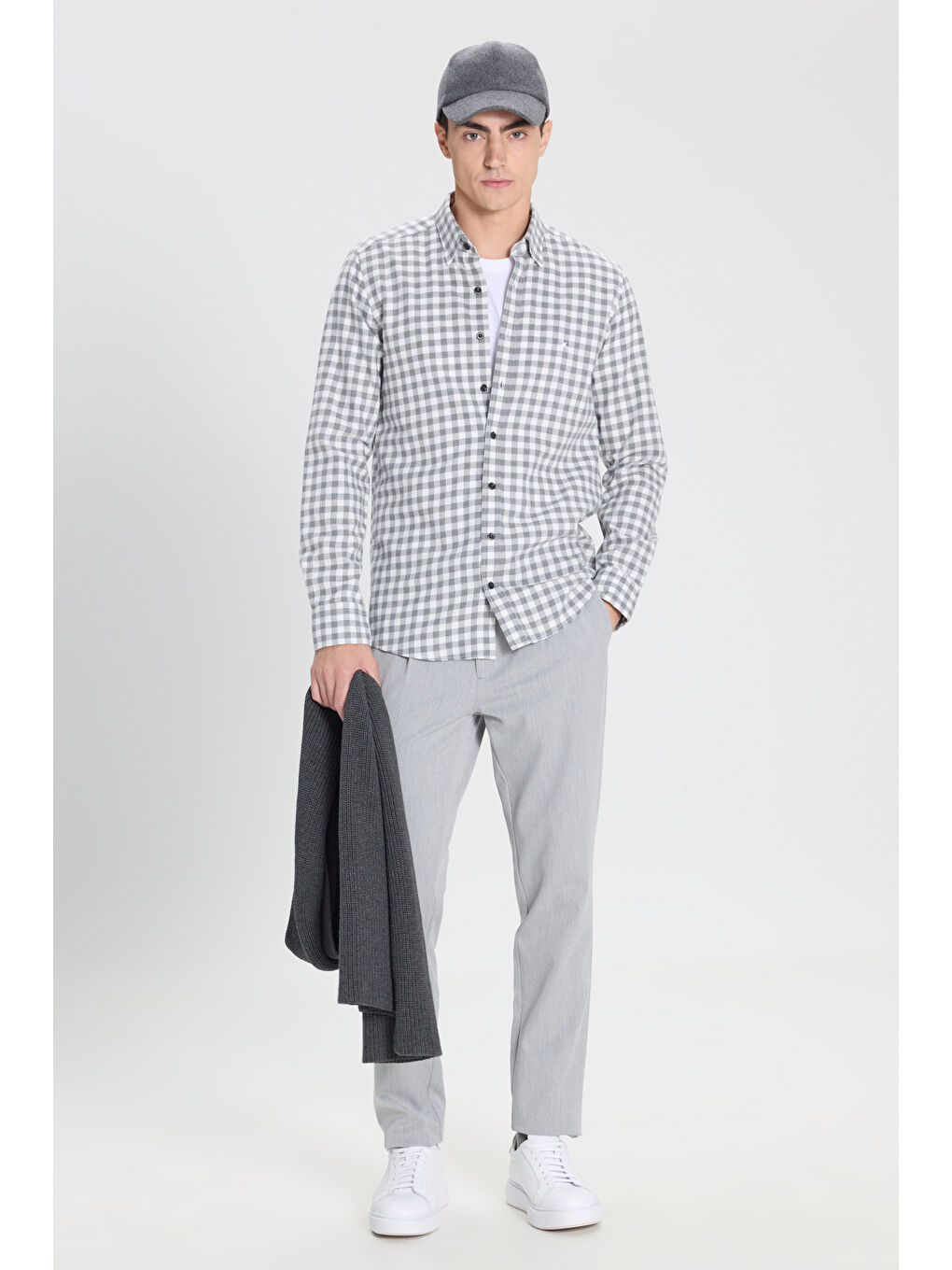 Erkek Gri-Beyaz %100 Pamuk Comfort Fit Rahat Kesim Düğmeli Yaka Flanel Gömlek-3