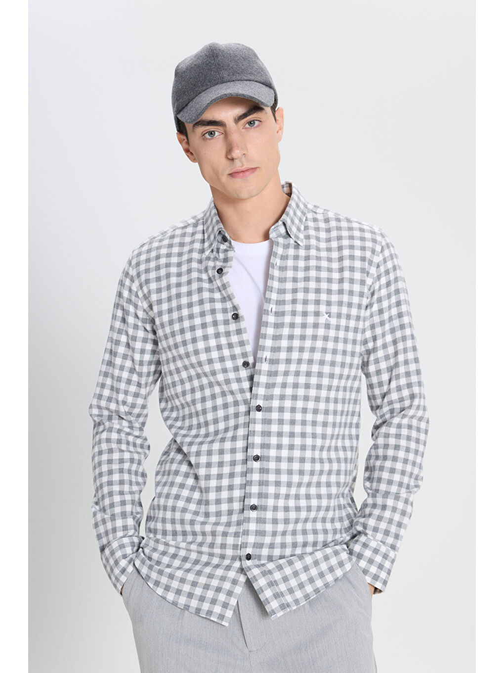 Erkek Gri-Beyaz %100 Pamuk Comfort Fit Rahat Kesim Düğmeli Yaka Flanel Gömlek-5