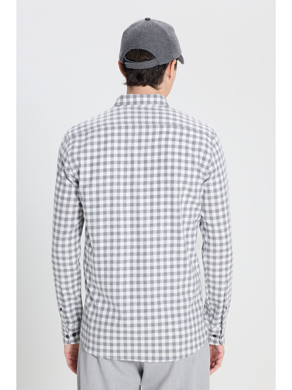 Erkek Gri-Beyaz %100 Pamuk Comfort Fit Rahat Kesim Düğmeli Yaka Flanel Gömlek-7