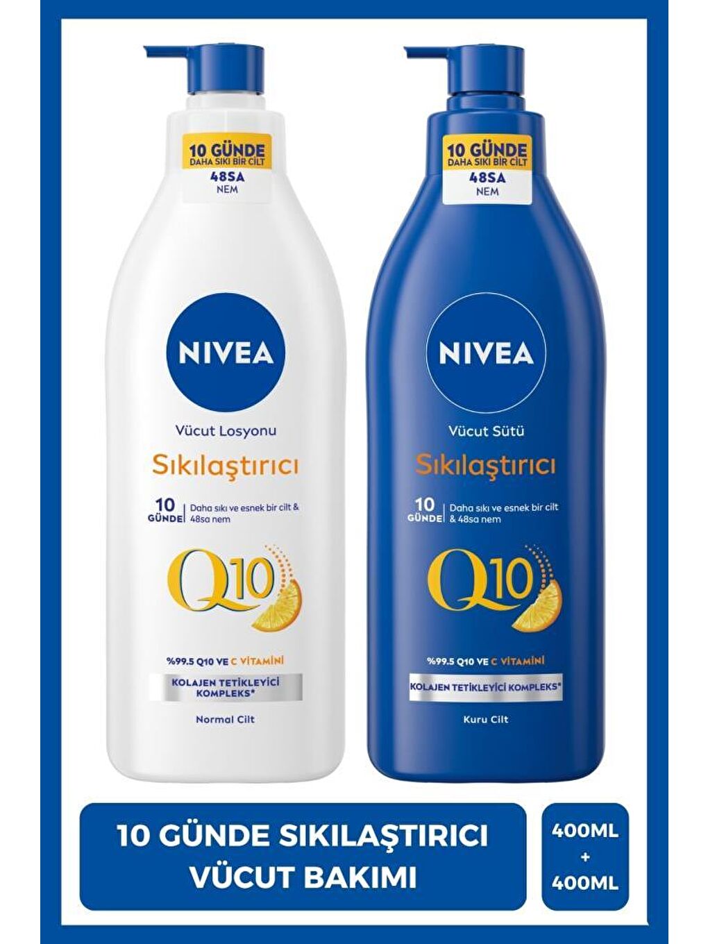 Q10 Sıkılaştırıcı Vücut Bakım Sütü Kuru Cilt 400ml ve Vücut Losyonu Normal Cilt 400ml, C Vitam