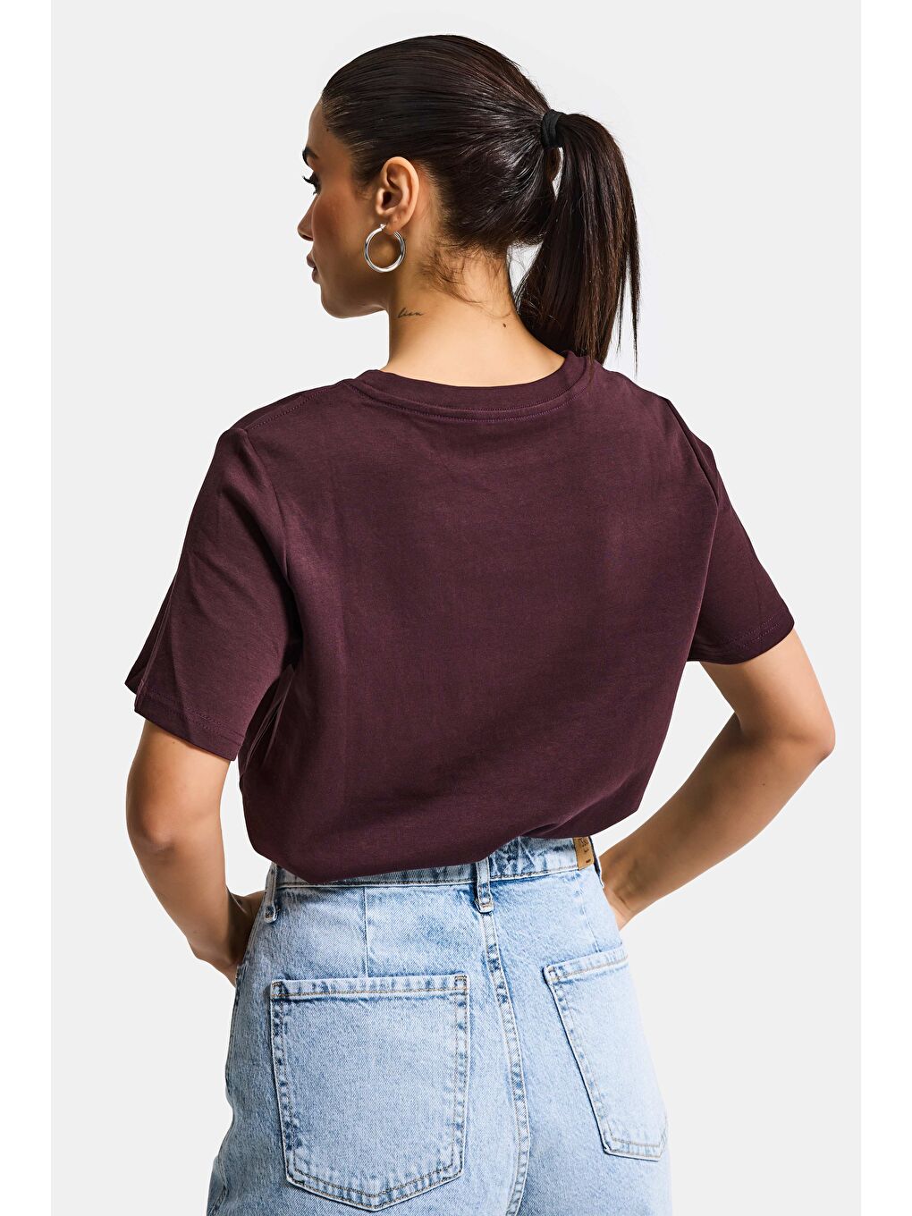 Kahverengi Kadın Kahve Bordo Renk w5 Nakış Detaylı Oversize Tasarım T-Shirt-5