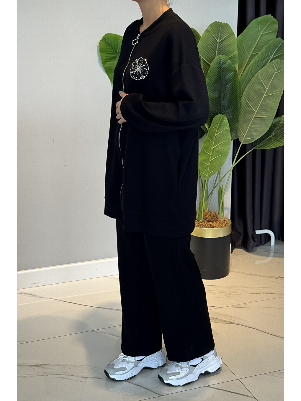 Fitilli Taş Detaylı Fermuarlı Takım 120299 Siyah-1