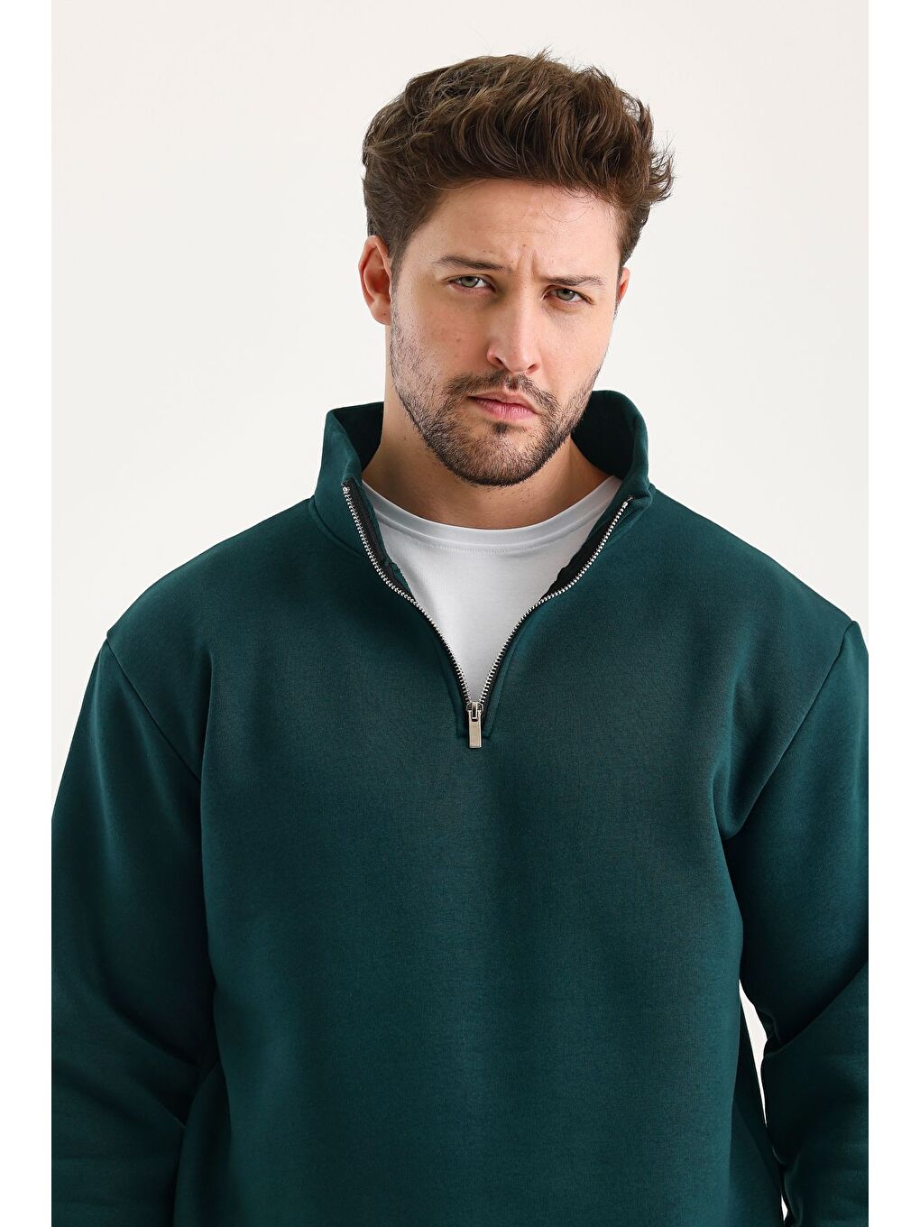 Yeşil Unisex %100 Pamuk Sweatshirt  Pamuklu Içi Polarlı Yarım Fermuarlı Dik Yaka %100 Pamuk Sweatshirt-1