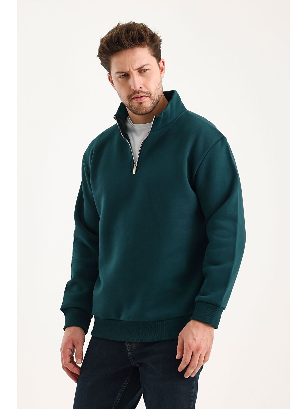 Yeşil Unisex %100 Pamuk Sweatshirt  Pamuklu Içi Polarlı Yarım Fermuarlı Dik Yaka %100 Pamuk Sweatshirt-2