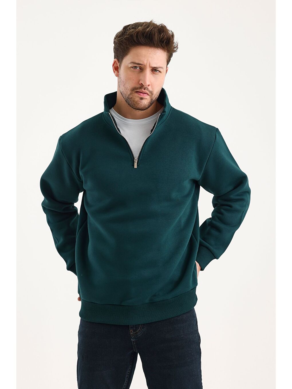 Yeşil Unisex %100 Pamuk Sweatshirt  Pamuklu Içi Polarlı Yarım Fermuarlı Dik Yaka %100 Pamuk Sweatshirt-3