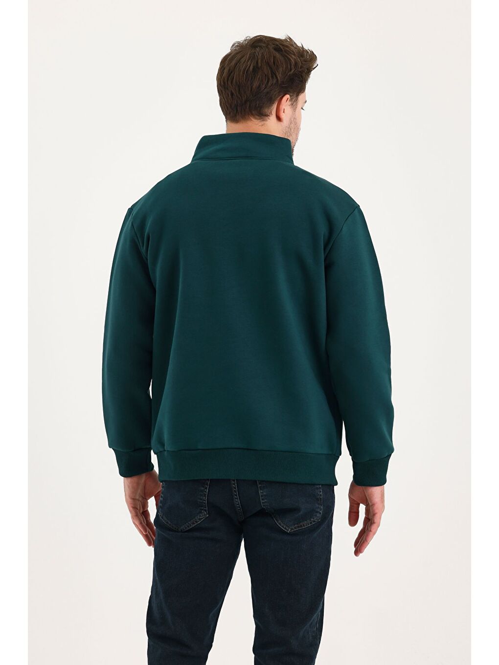 Yeşil Unisex %100 Pamuk Sweatshirt  Pamuklu Içi Polarlı Yarım Fermuarlı Dik Yaka %100 Pamuk Sweatshirt-4