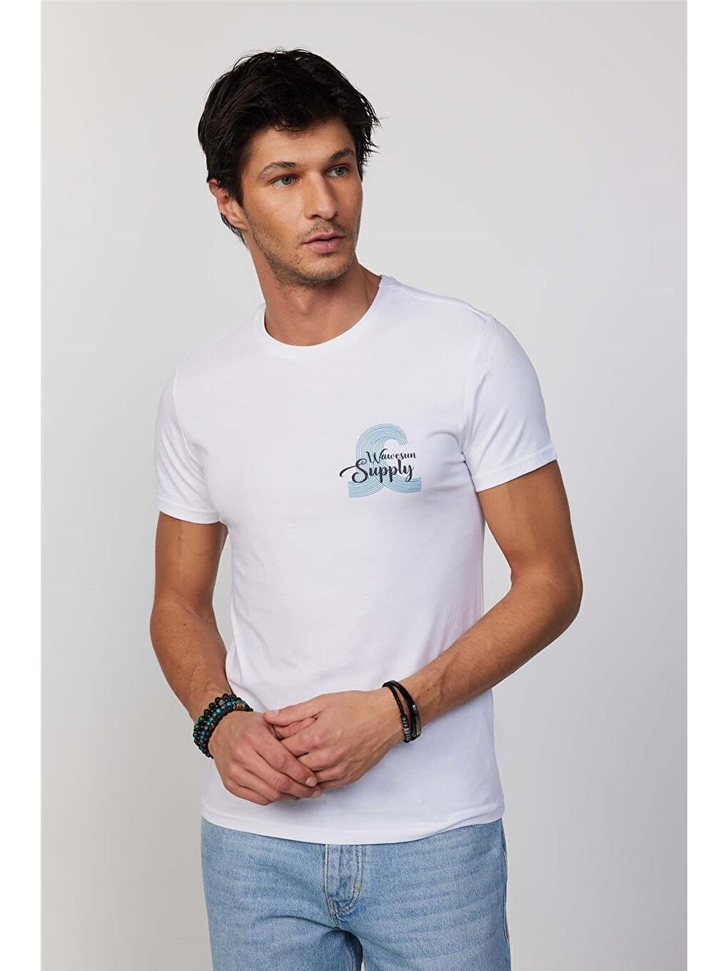 Erkek Slim Fit Dar Kesim %100 Pamuk Yumuşak Dokulu Baskılı Beyaz Bisiklet Yaka Tişört-1