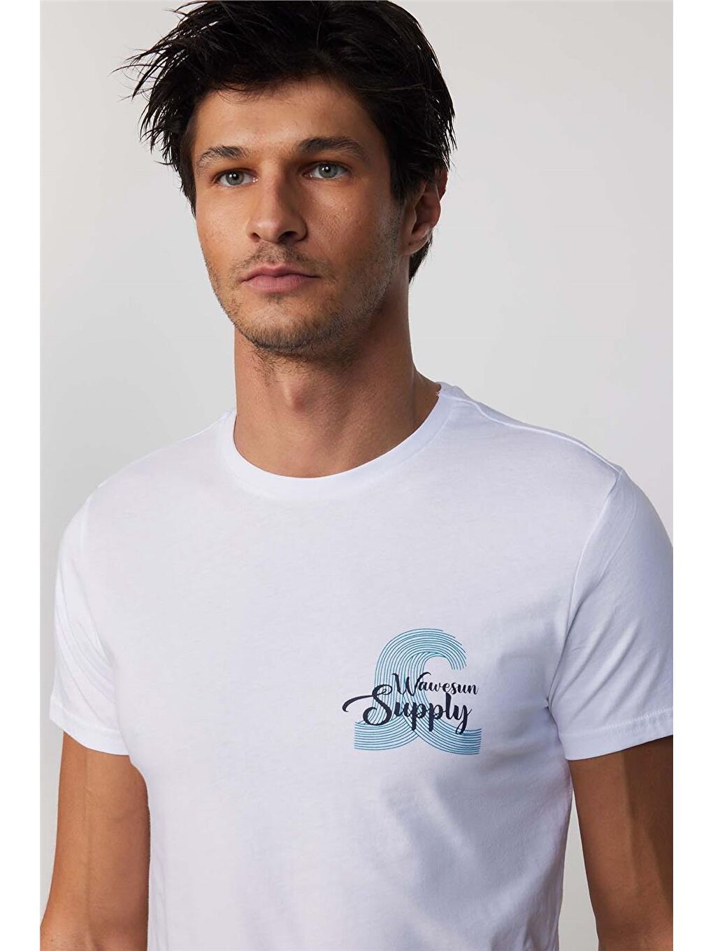 Erkek Slim Fit Dar Kesim %100 Pamuk Yumuşak Dokulu Baskılı Beyaz Bisiklet Yaka Tişört-2