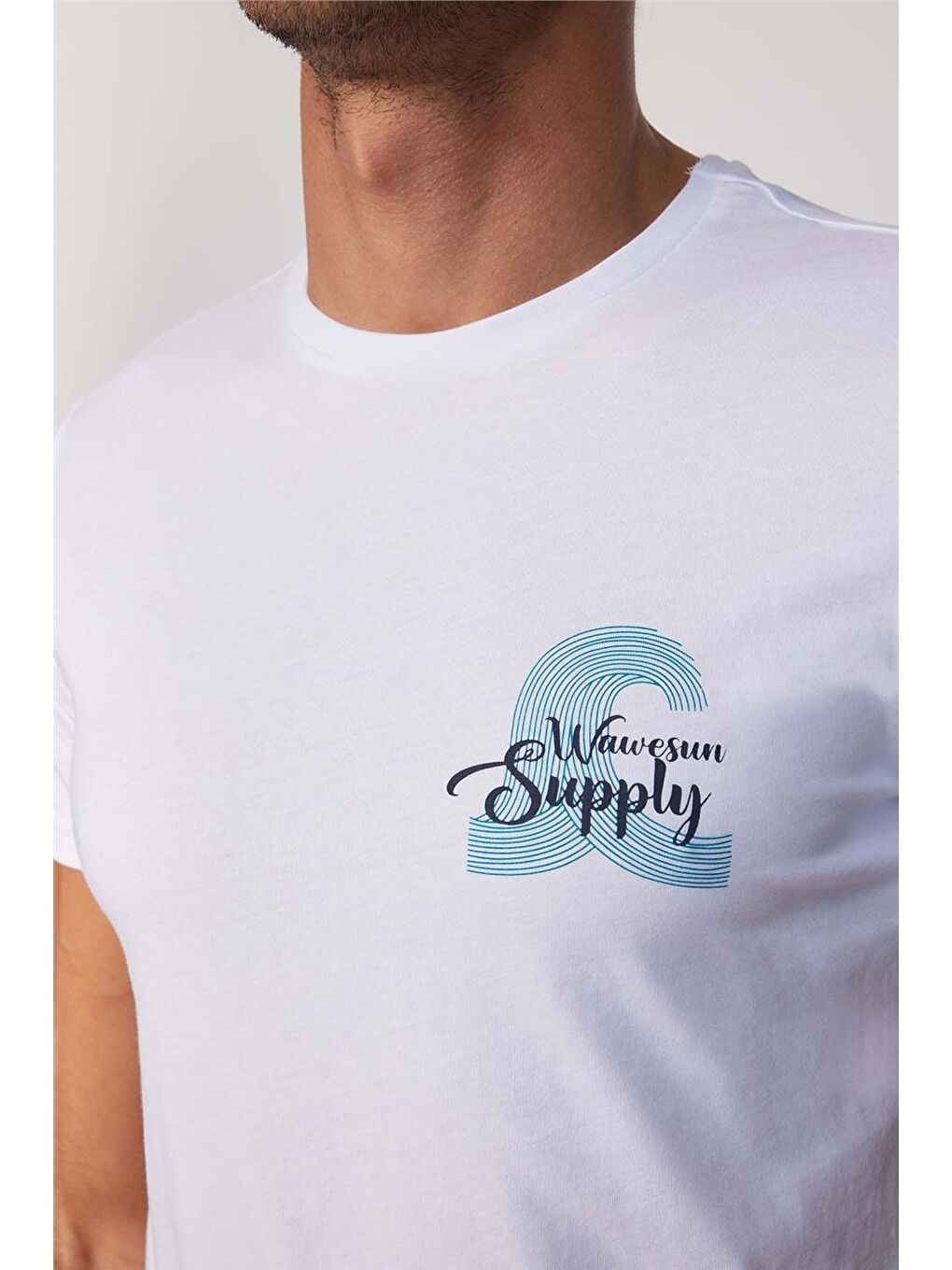 Erkek Slim Fit Dar Kesim %100 Pamuk Yumuşak Dokulu Baskılı Beyaz Bisiklet Yaka Tişört-3