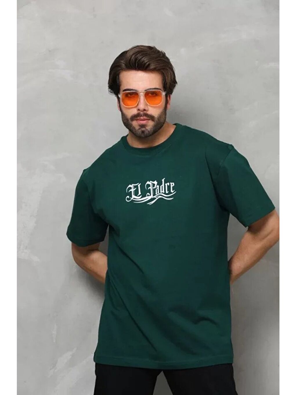 Unisex Bisiklet Yaka Baskılı Oversize T-Shirt - Yeşil-1