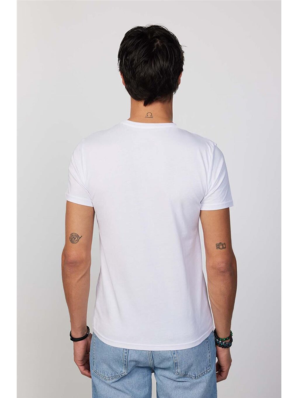 Erkek Slim Fit Dar Kesim %100 Pamuk Yumuşak Dokulu Baskılı Beyaz Bisiklet Yaka Tişört-4