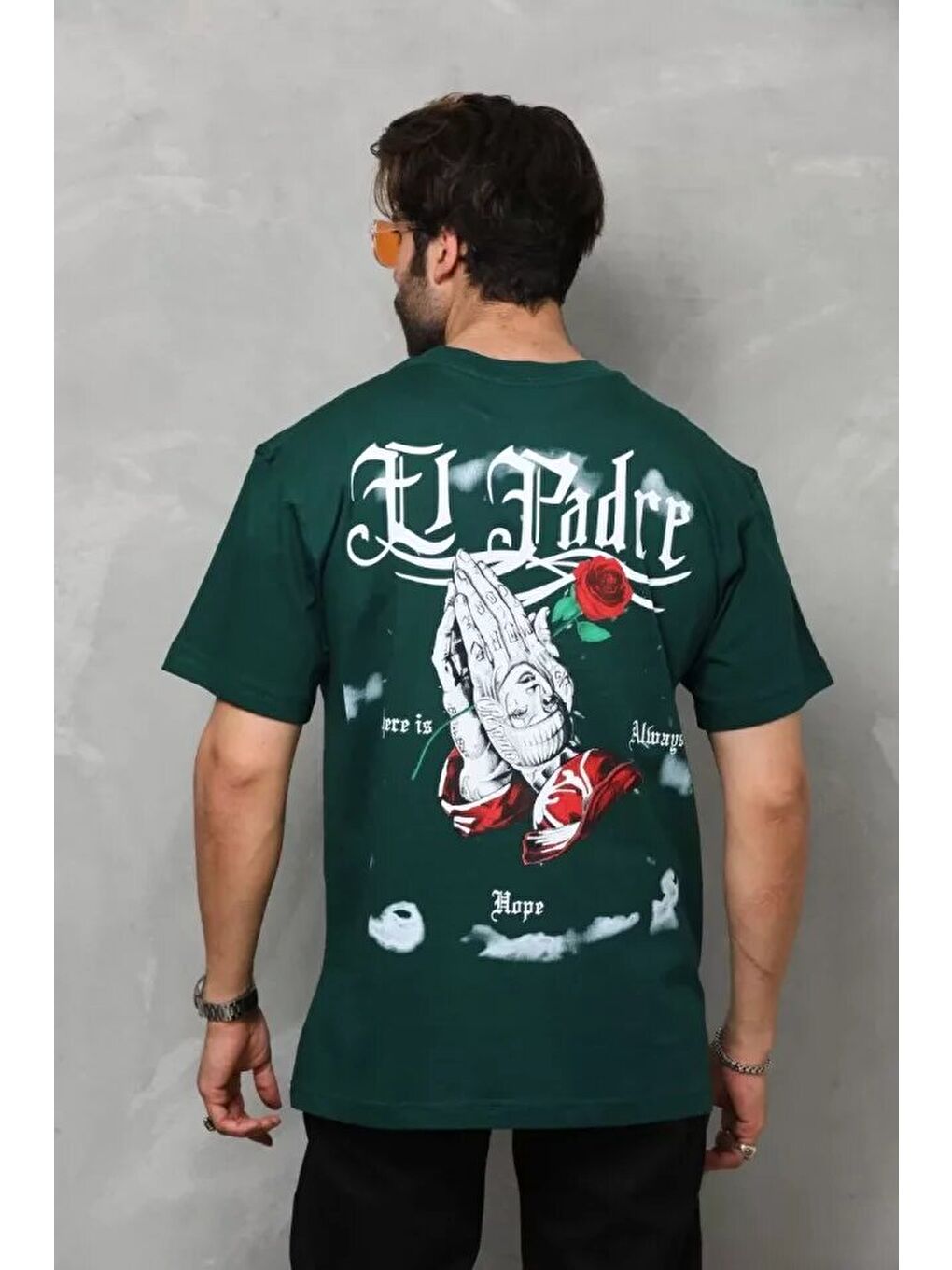 Unisex Bisiklet Yaka Baskılı Oversize T-Shirt - Yeşil-2