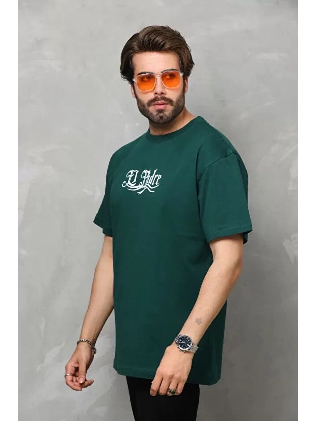 Unisex Bisiklet Yaka Baskılı Oversize T-Shirt - Yeşil-3