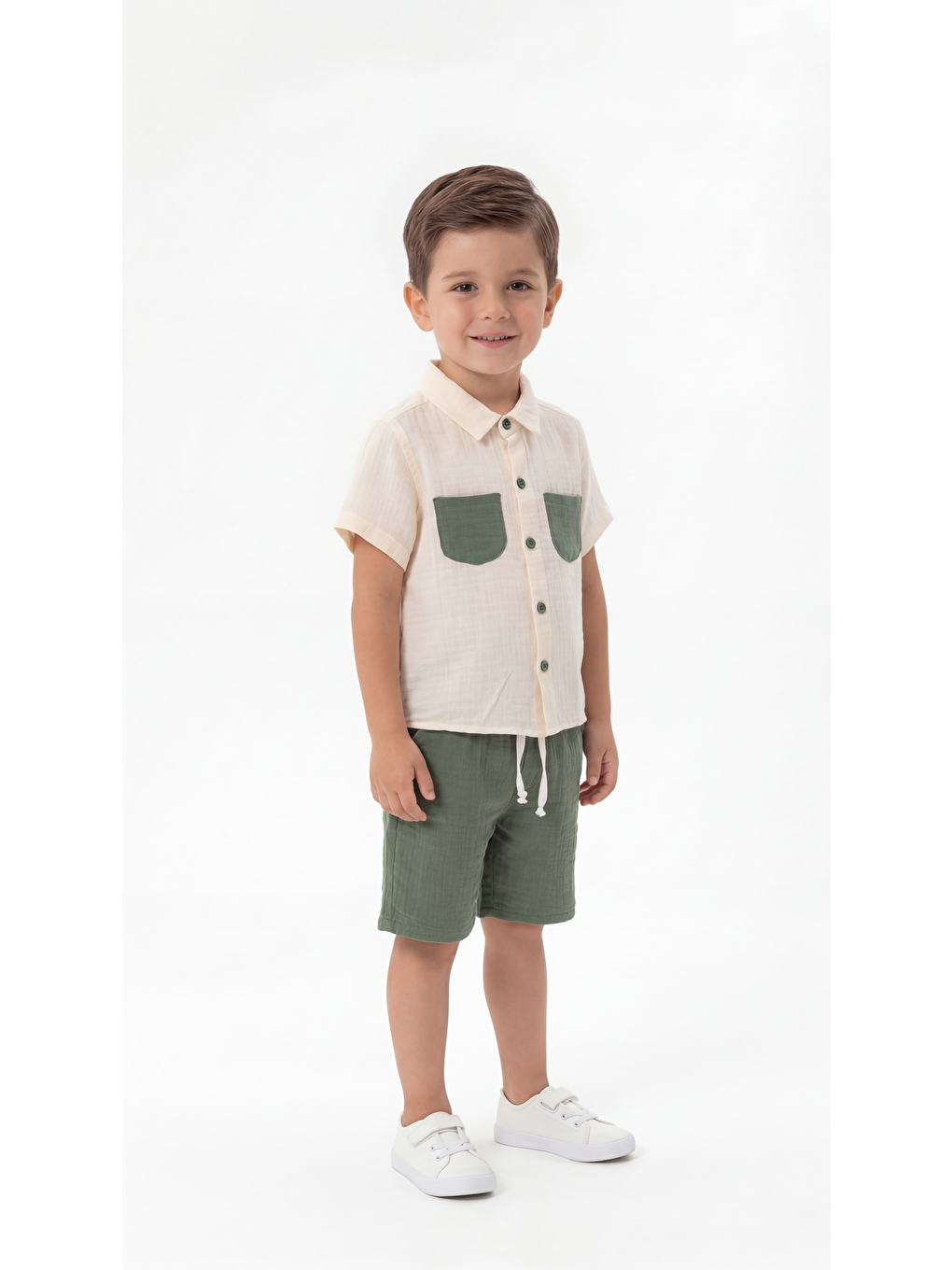 Yeşil Cep Detaylı Kısa Kollu Erkek Çocuk Gömlek & Şort Takımı-1