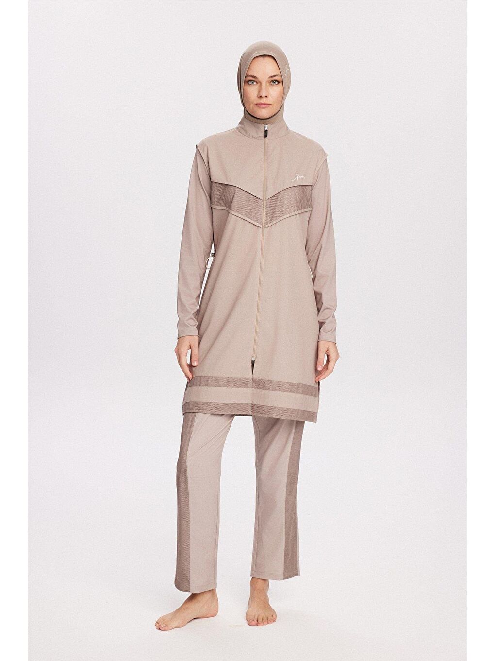 Bej File Detaylı Vizon 5 Parça Tam Tesettür Mayo Takımı 2853