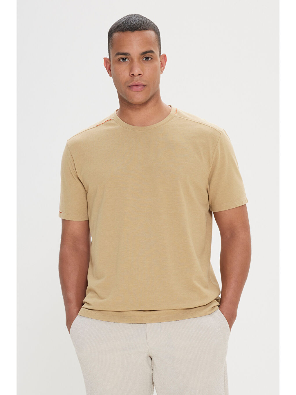 Bej Erkek Vizon Slim Fit Dar Kesim Pamuklu Bisiklet Yaka Tişört