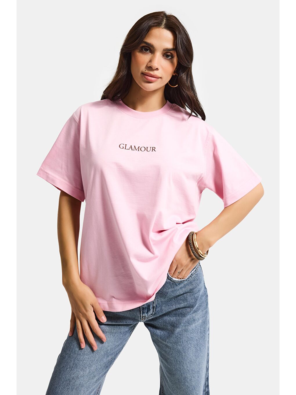 Kadın Pembe s6-98 Oversize Glamour Baskılı %100 Pamuk T-Shirt-1