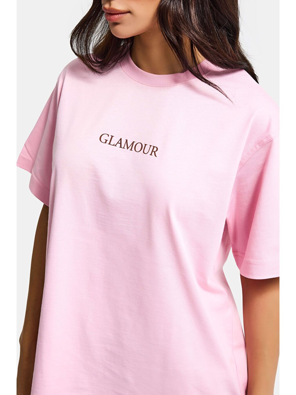 Kadın Pembe s6-98 Oversize Glamour Baskılı %100 Pamuk T-Shirt-2