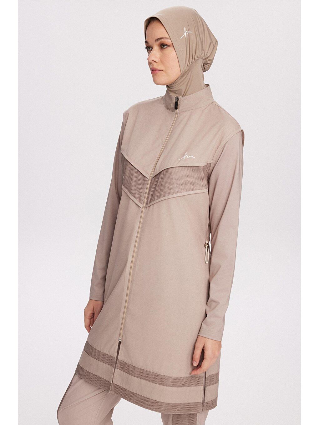 Bej File Detaylı Vizon 5 Parça Tam Tesettür Mayo Takımı 2853-2