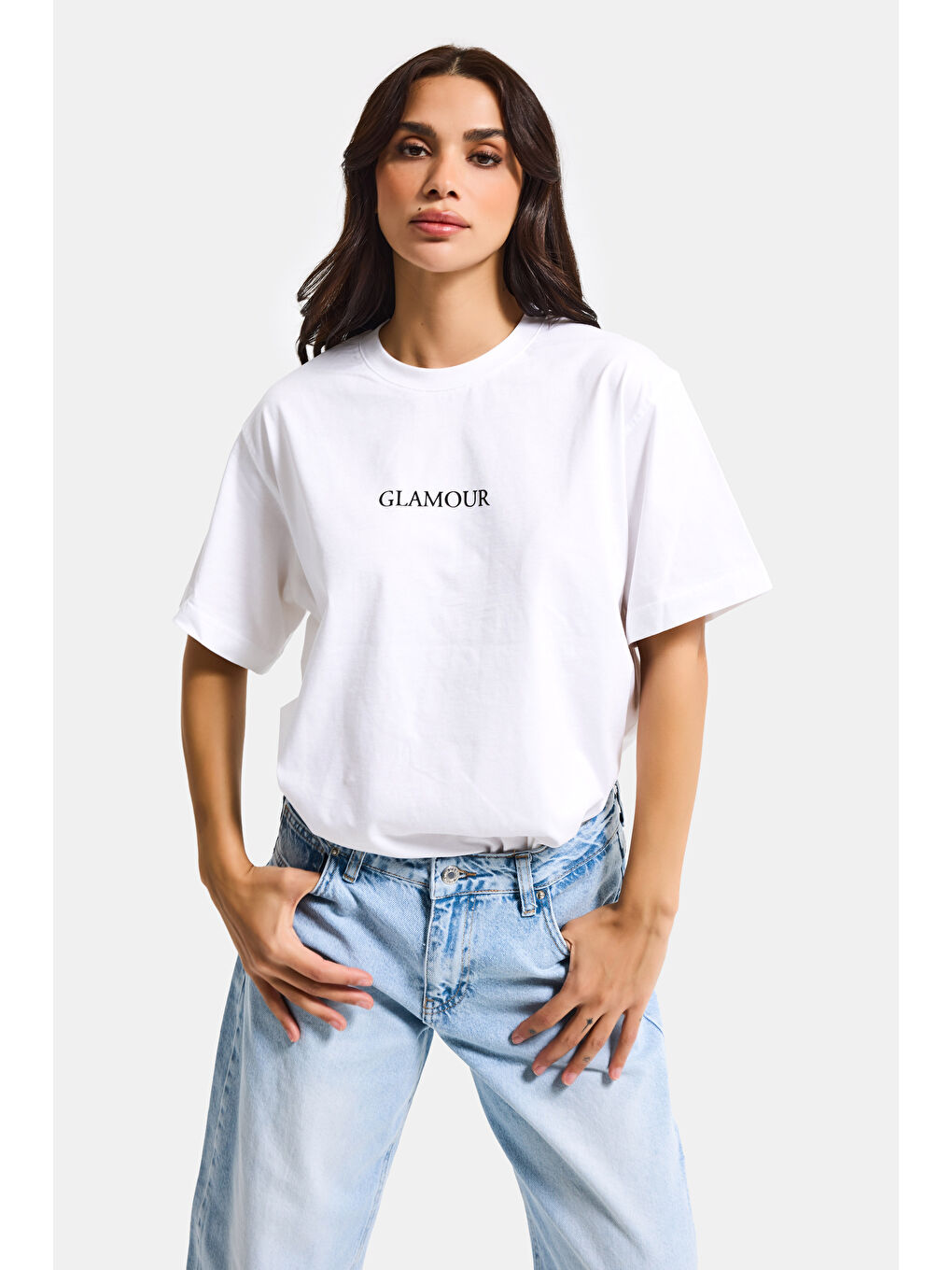 Kadın Beyaz s6-127 Oversize Glamour Baskılı %100 Pamuk T-Shirt