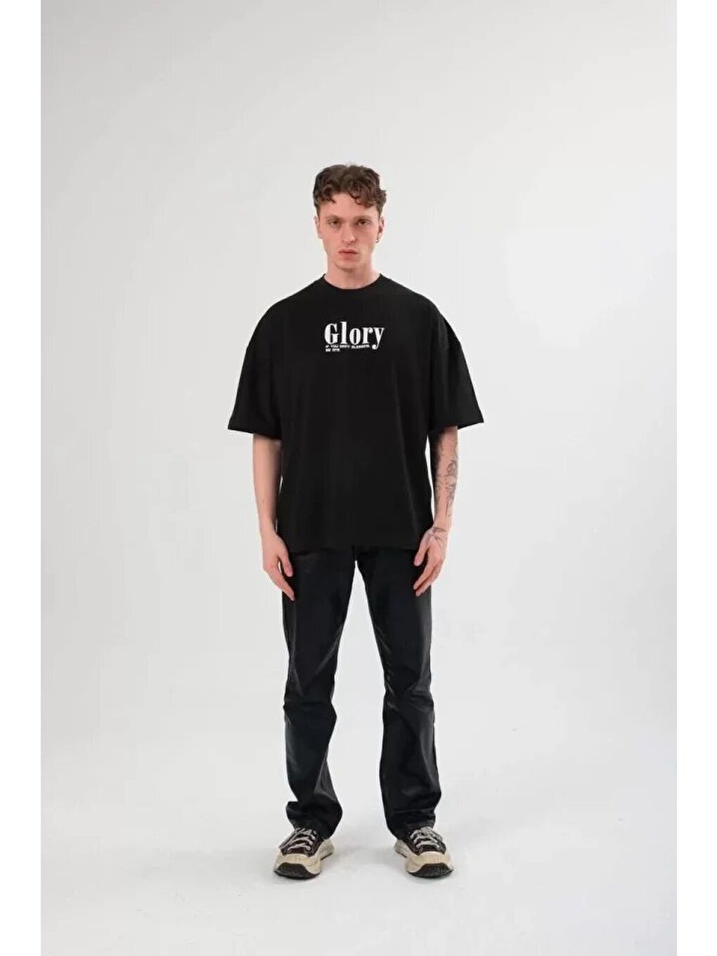 Unisex Bisiklet Yaka Baskılı Oversize T-Shirt - Siyah