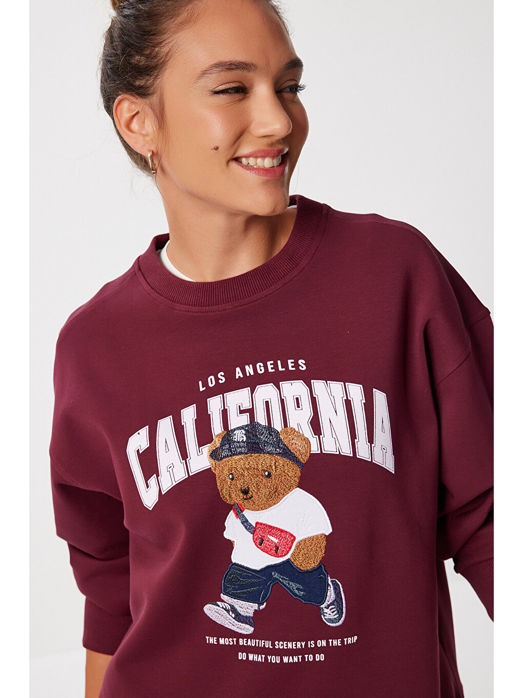 Ayıcık Armalı Baskılı Oversize Örme Sweatshirt Bordo Lmc0074