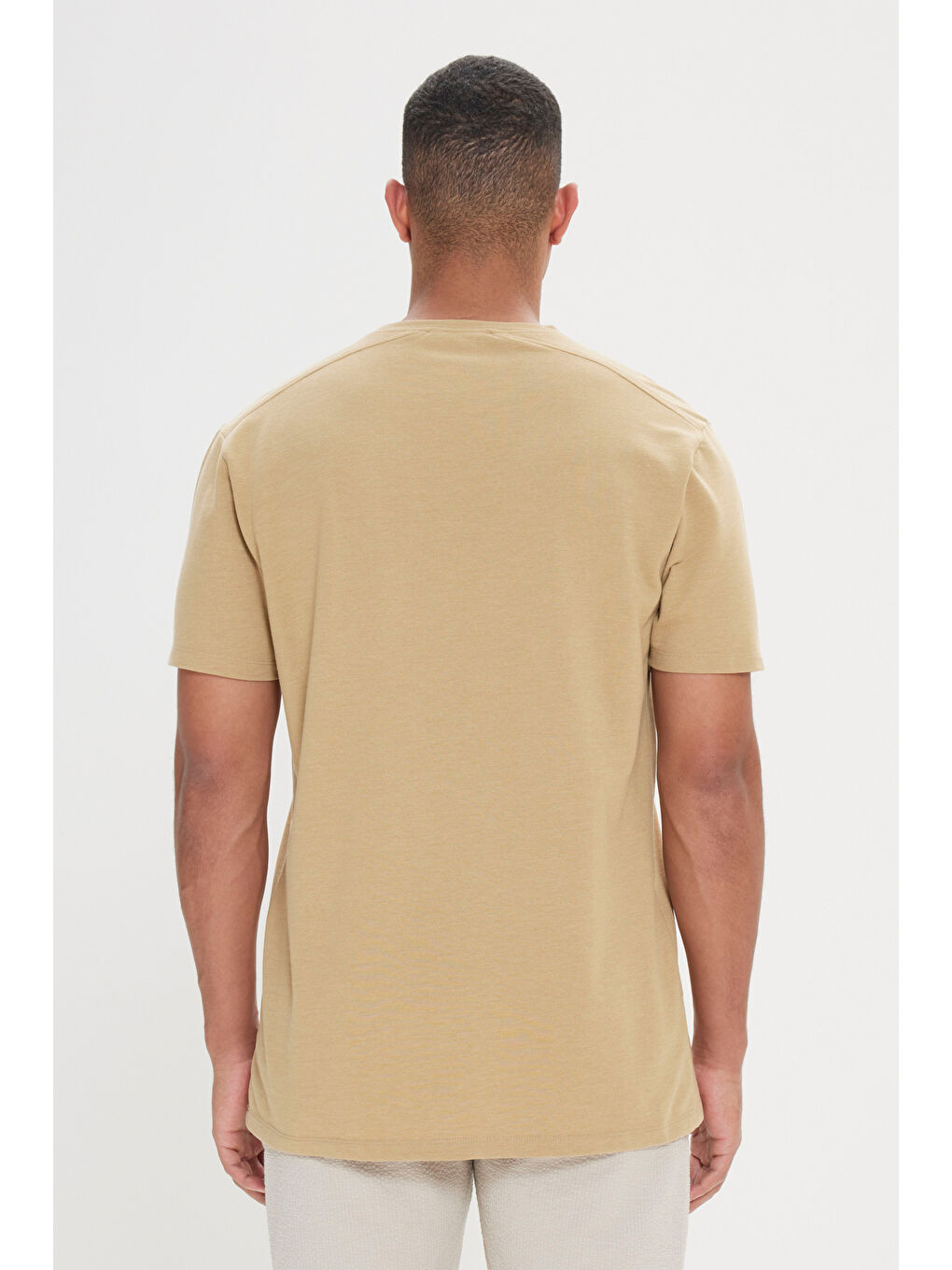 Bej Erkek Vizon Slim Fit Dar Kesim Pamuklu Bisiklet Yaka Tişört-5