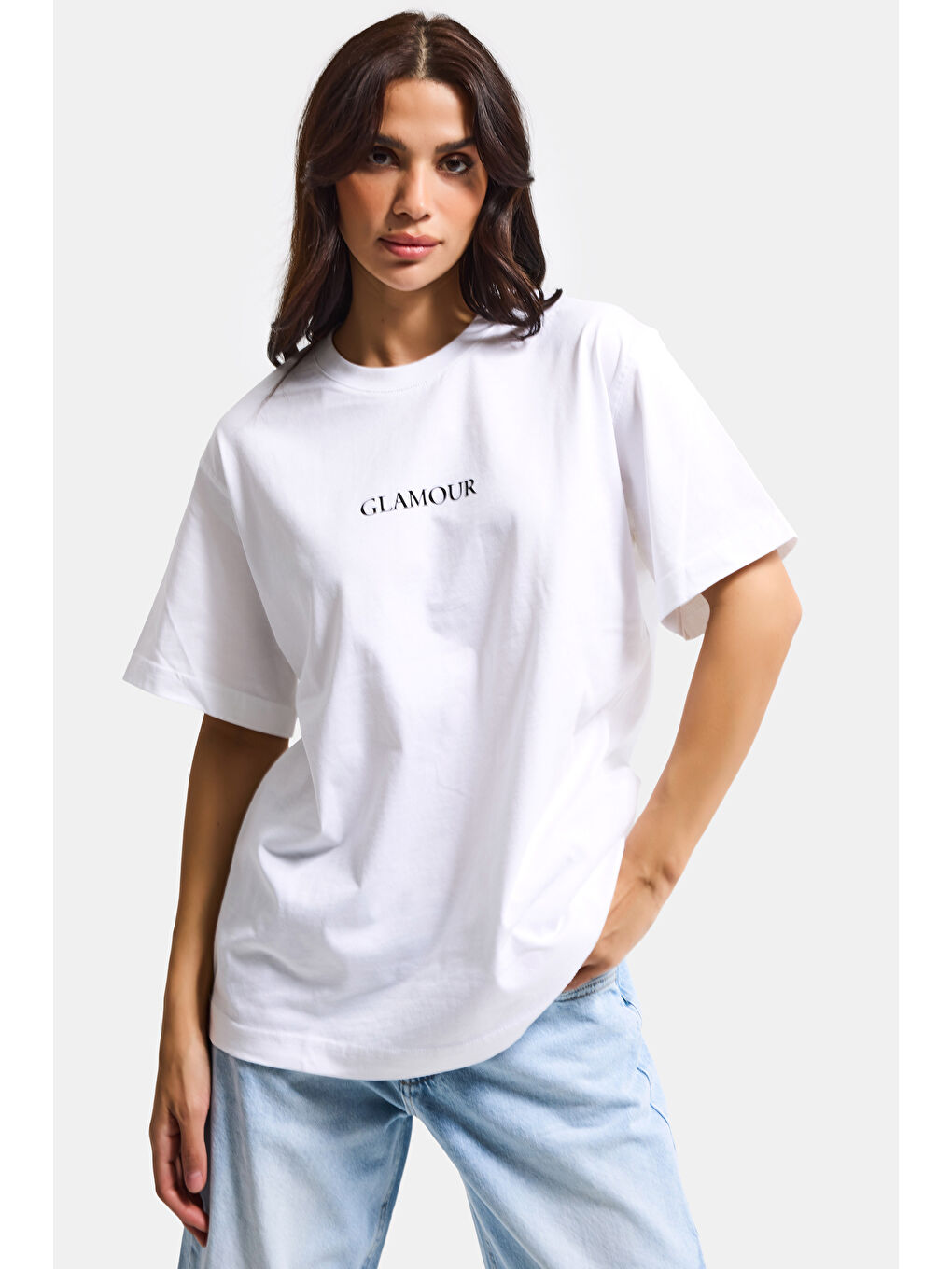Kadın Beyaz s6-127 Oversize Glamour Baskılı %100 Pamuk T-Shirt-1