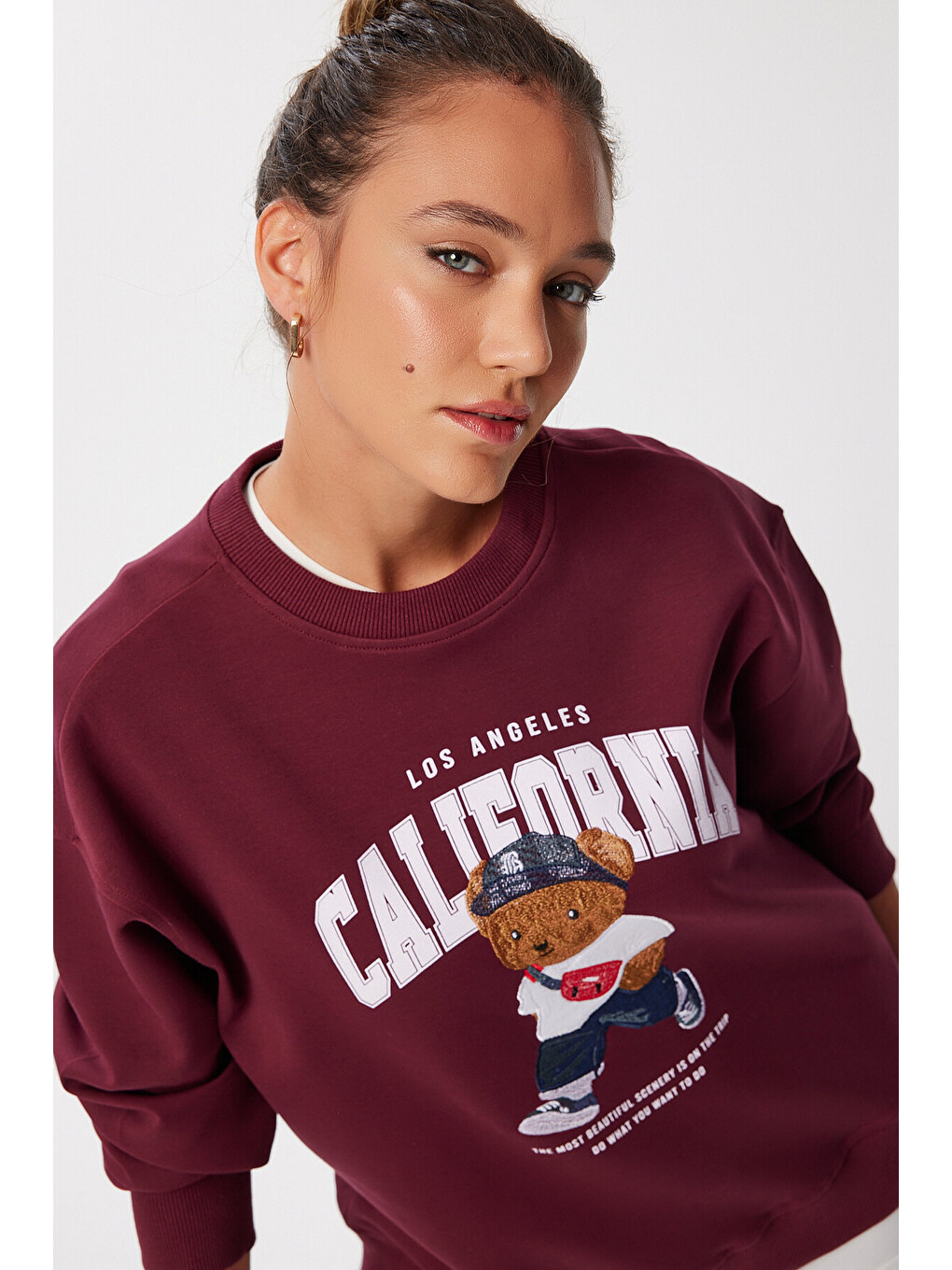 Ayıcık Armalı Baskılı Oversize Örme Sweatshirt Bordo Lmc0074-1