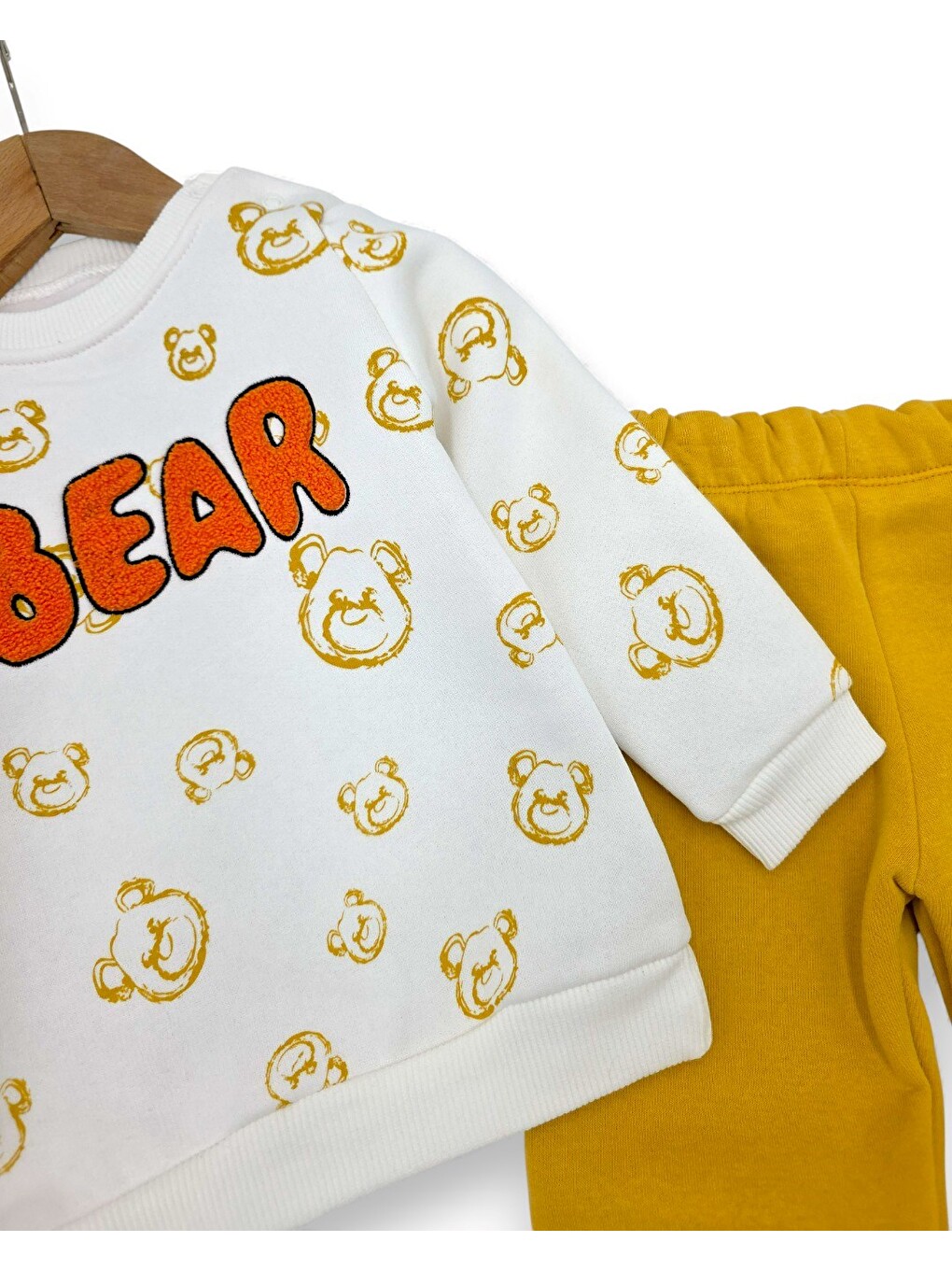 Sarı Erkek Bebek Bear Nakışlı Kışlık 3 İp Şardonlu Takım-1