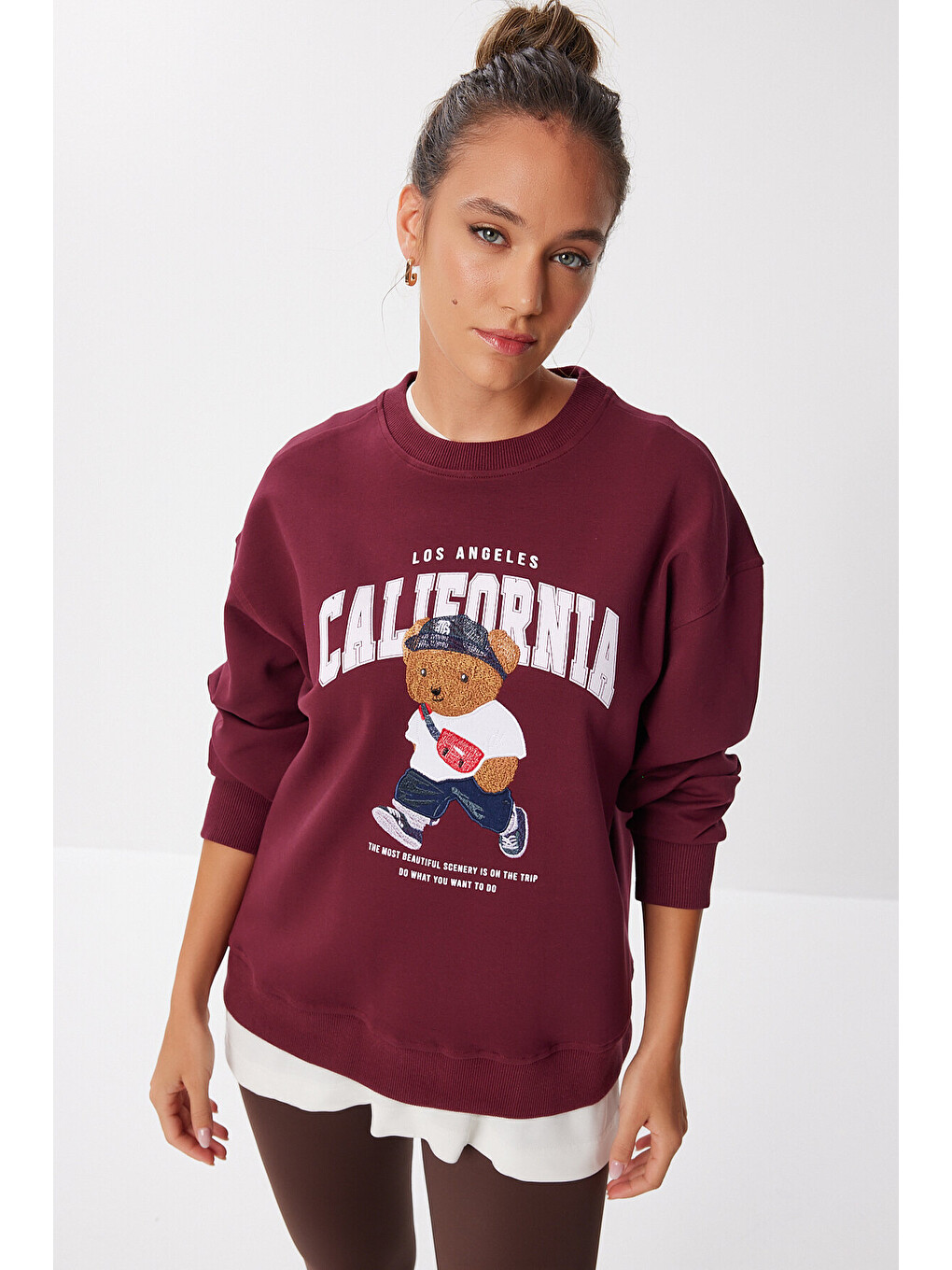 Ayıcık Armalı Baskılı Oversize Örme Sweatshirt Bordo Lmc0074-2