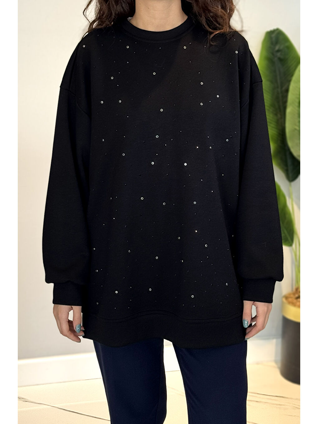 Taş Detaylı Düşük Kol Sweat Tunik 36135 Siyah