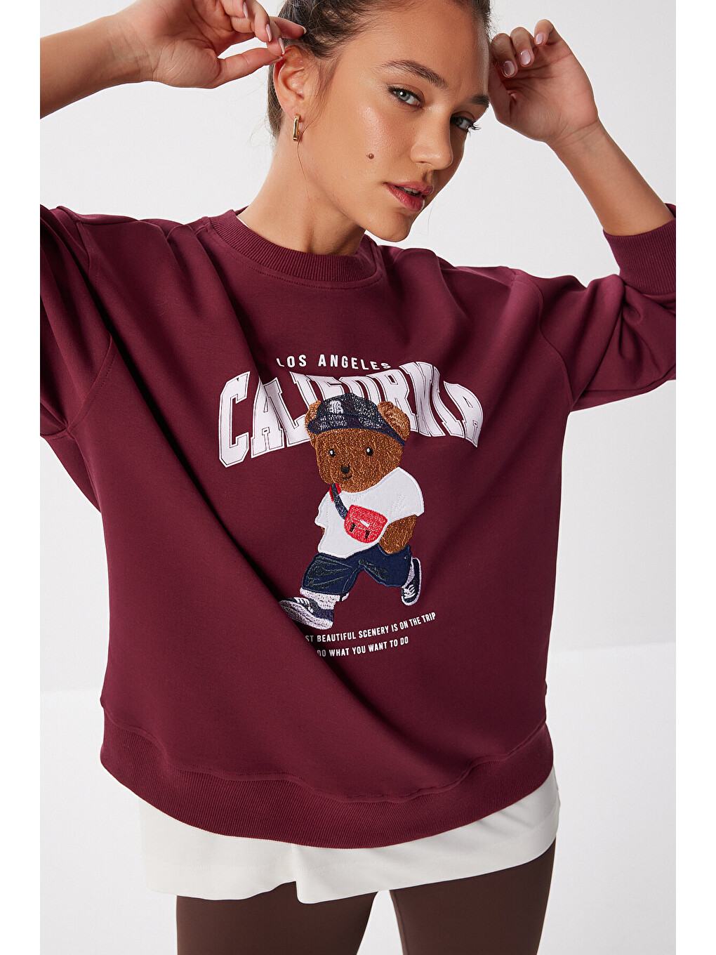Ayıcık Armalı Baskılı Oversize Örme Sweatshirt Bordo Lmc0074-3