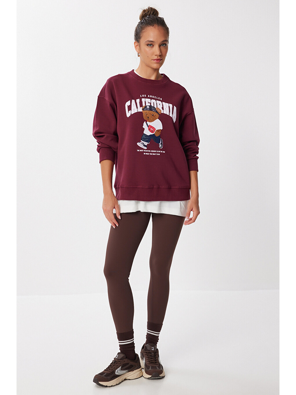 Ayıcık Armalı Baskılı Oversize Örme Sweatshirt Bordo Lmc0074-4