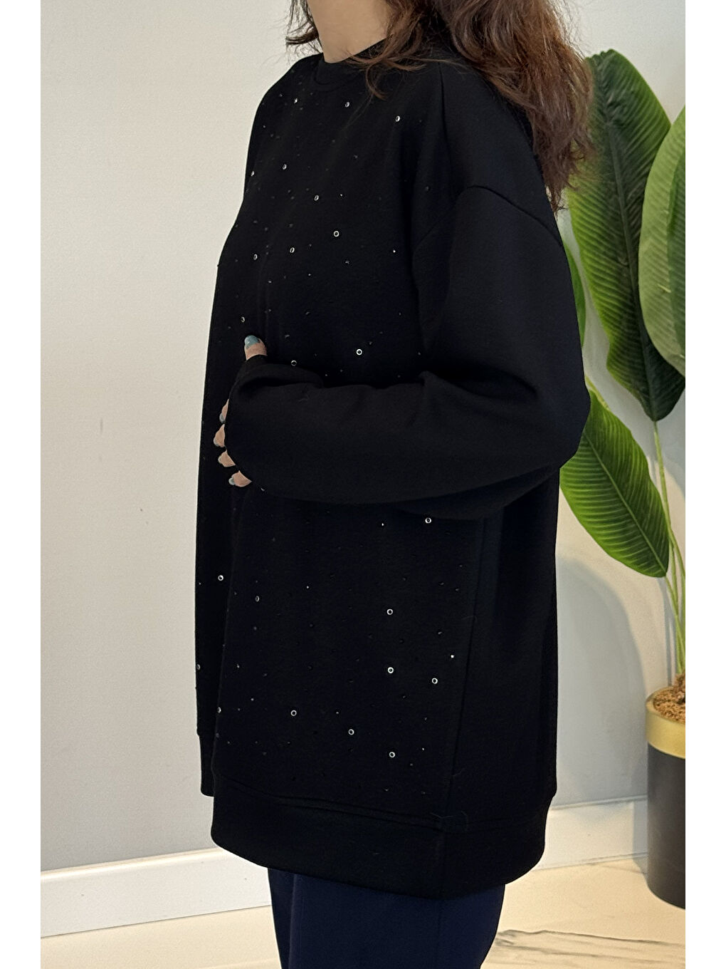 Taş Detaylı Düşük Kol Sweat Tunik 36135 Siyah-1