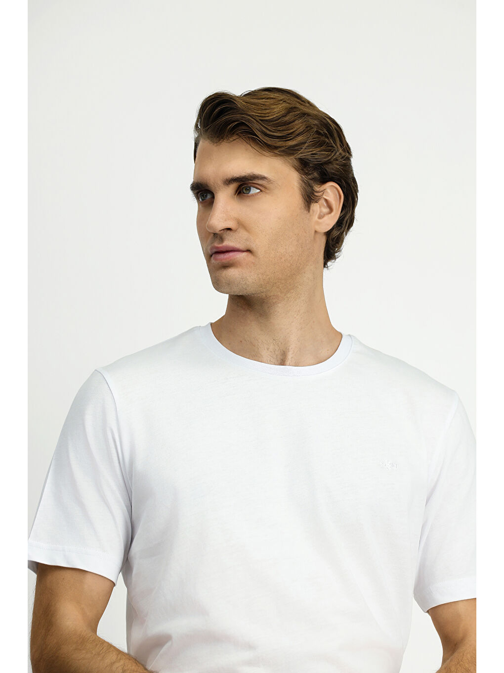 Beyaz Bisiklet Yaka Regular Fit Pamuk Tişört-3