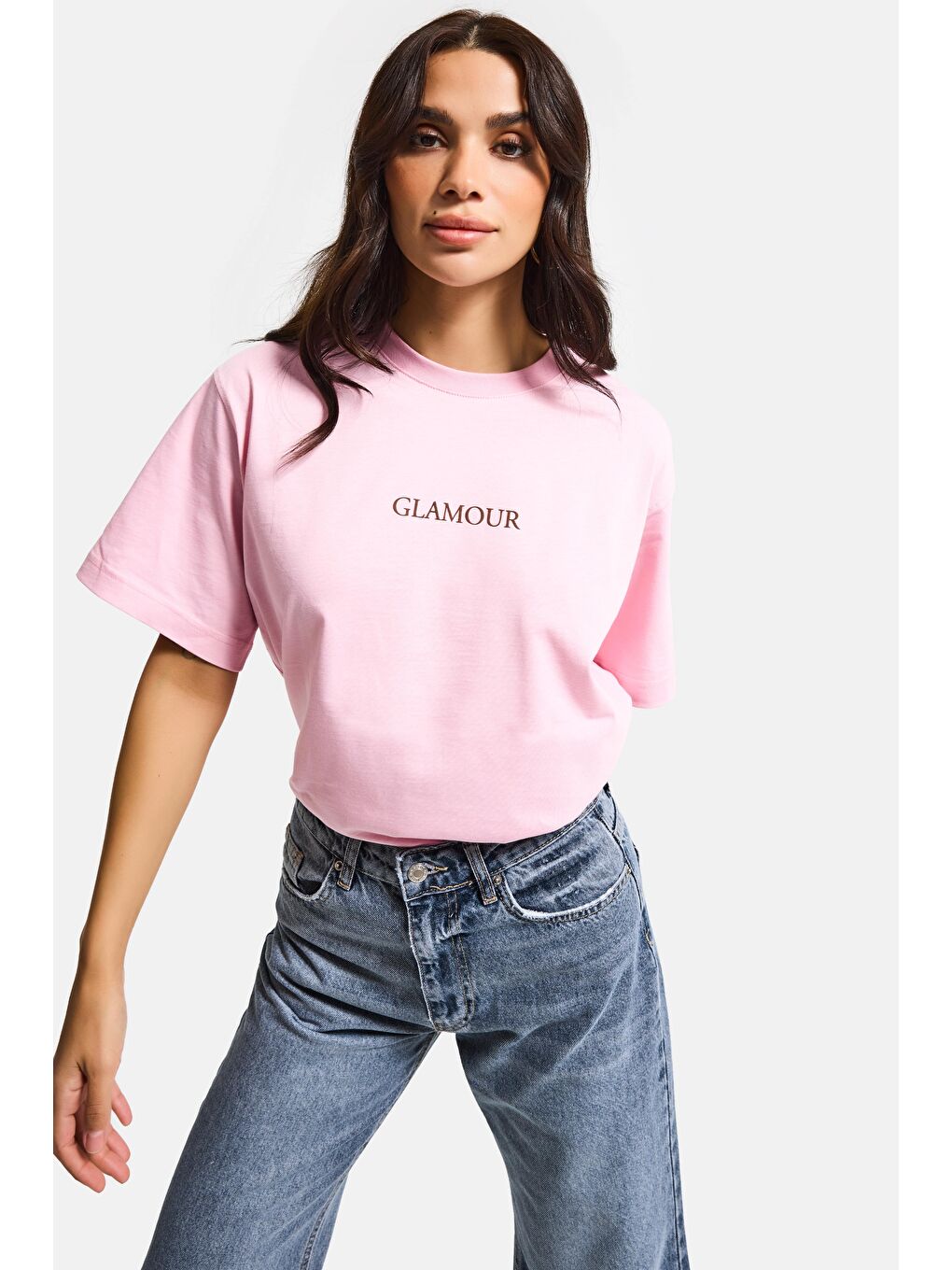 Kadın Pembe s6-98 Oversize Glamour Baskılı %100 Pamuk T-Shirt-4