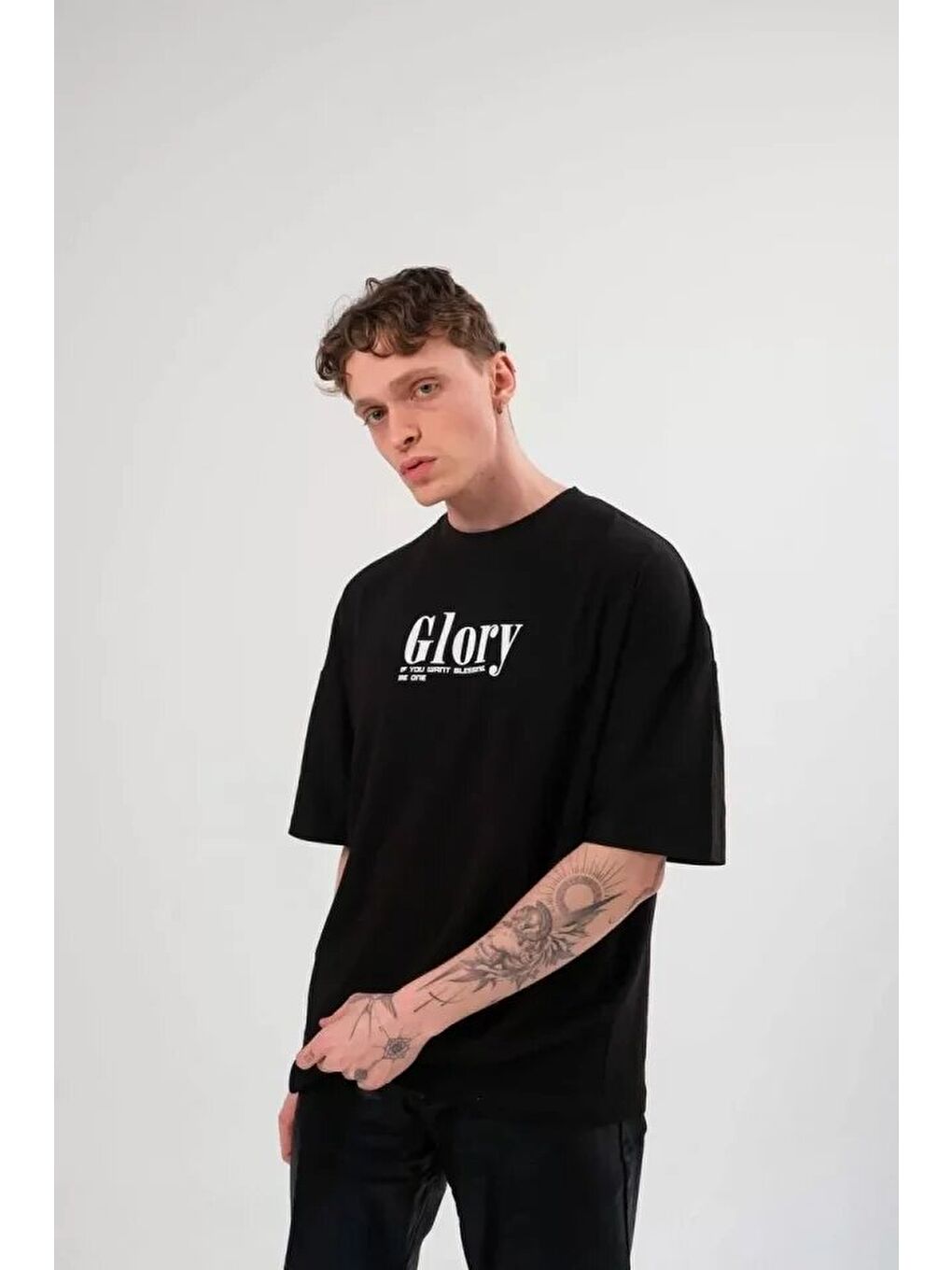 Unisex Bisiklet Yaka Baskılı Oversize T-Shirt - Siyah-1