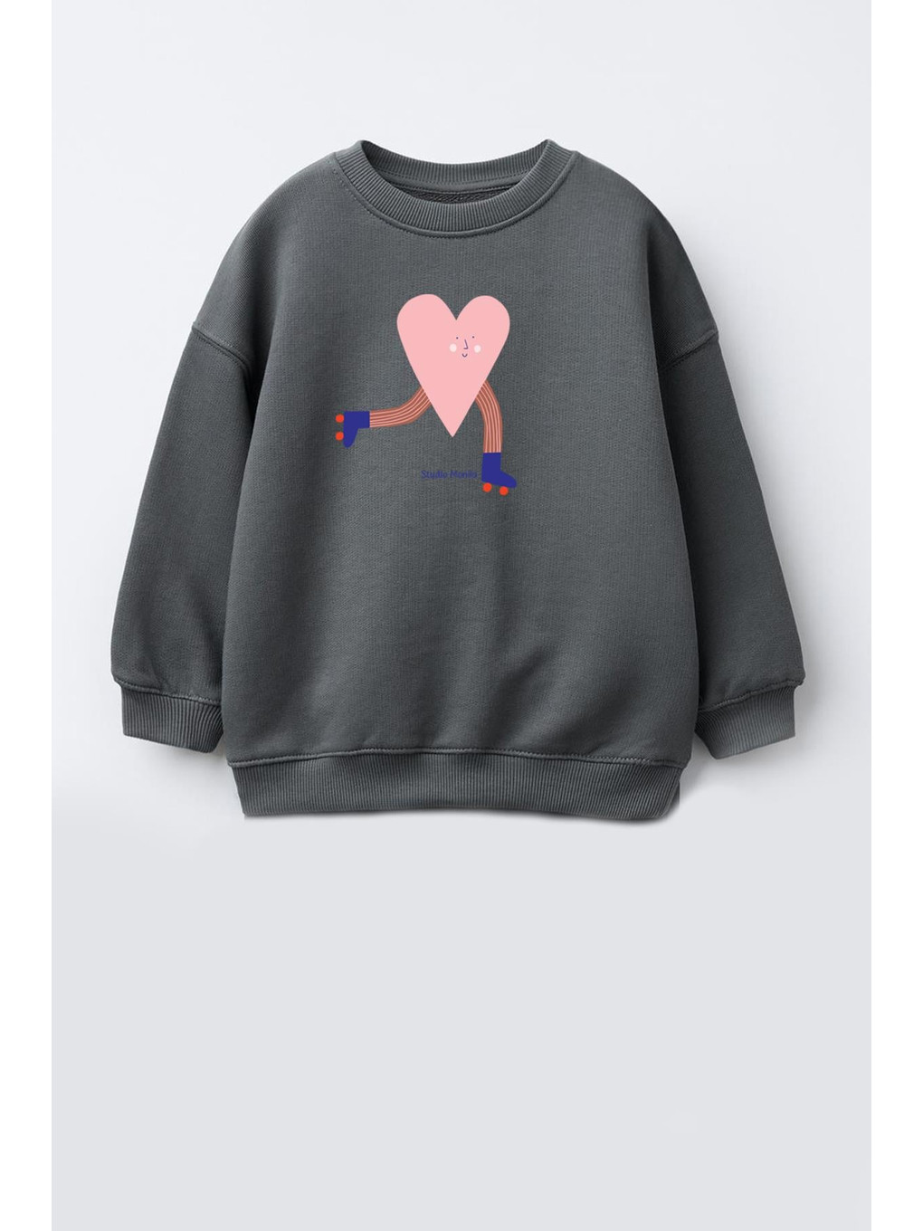 Antrasit Kız Çocuk Kalp Baskılı 3 İplik Kumaş Pamuklu Sweatshirt