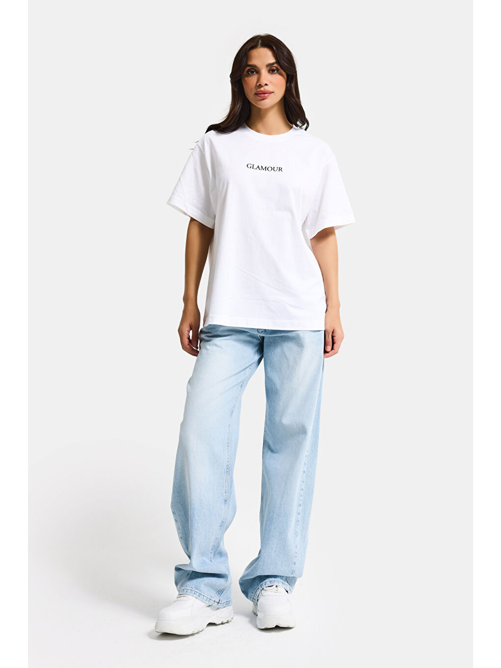 Kadın Beyaz s6-127 Oversize Glamour Baskılı %100 Pamuk T-Shirt-6