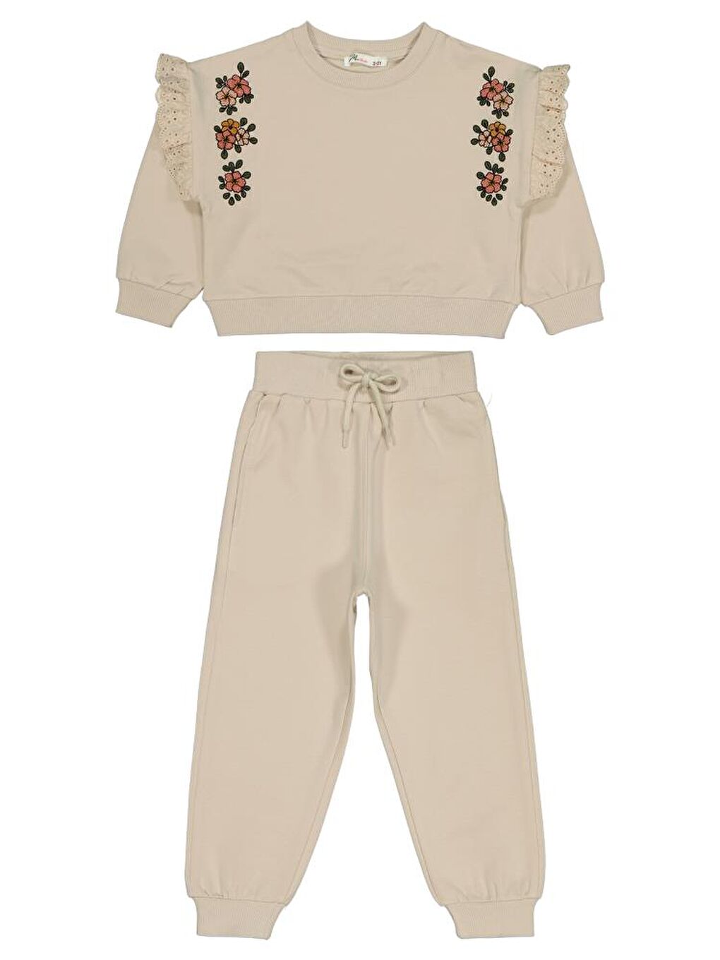 Bej Girls Kolu Fırfırlı 2-5 Yaş Eşofman Takımı-1