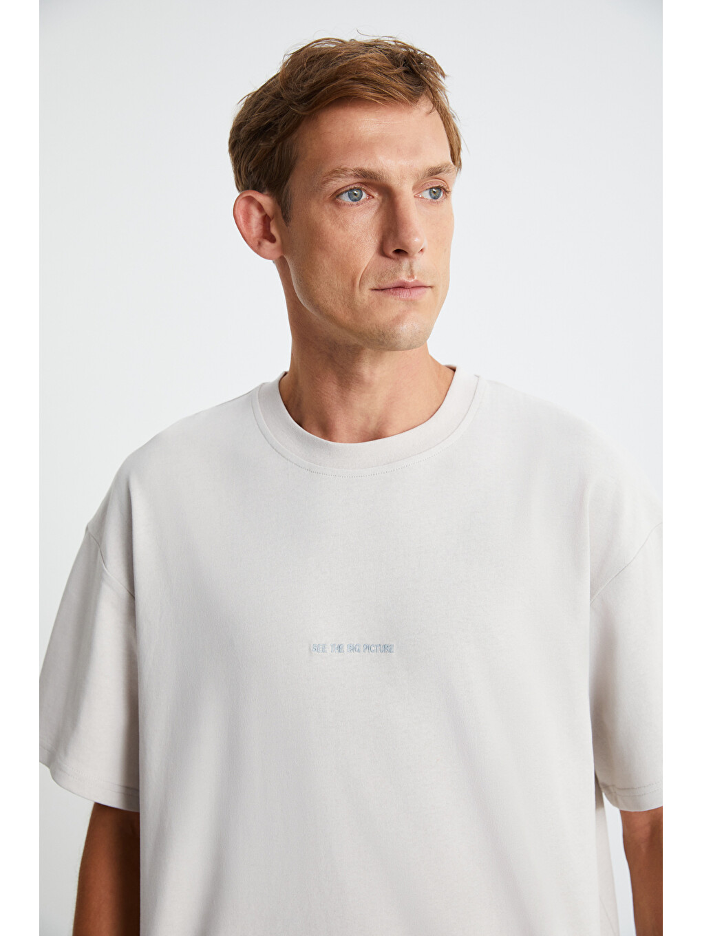 Bej RIVER Erkek Oversize Fit Bol Kesim Nakış İşlemeli Basic Örme TAŞ T-Shirt-2