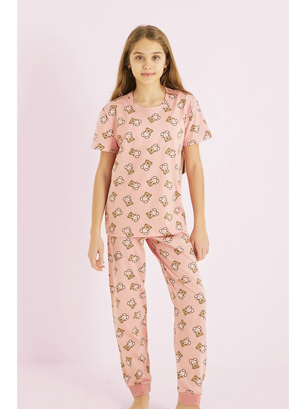 Pembe Kız Çocuk %100 Pamuk Ayıcık Baskılı Bisiklet Yaka Pijama Takım25110055