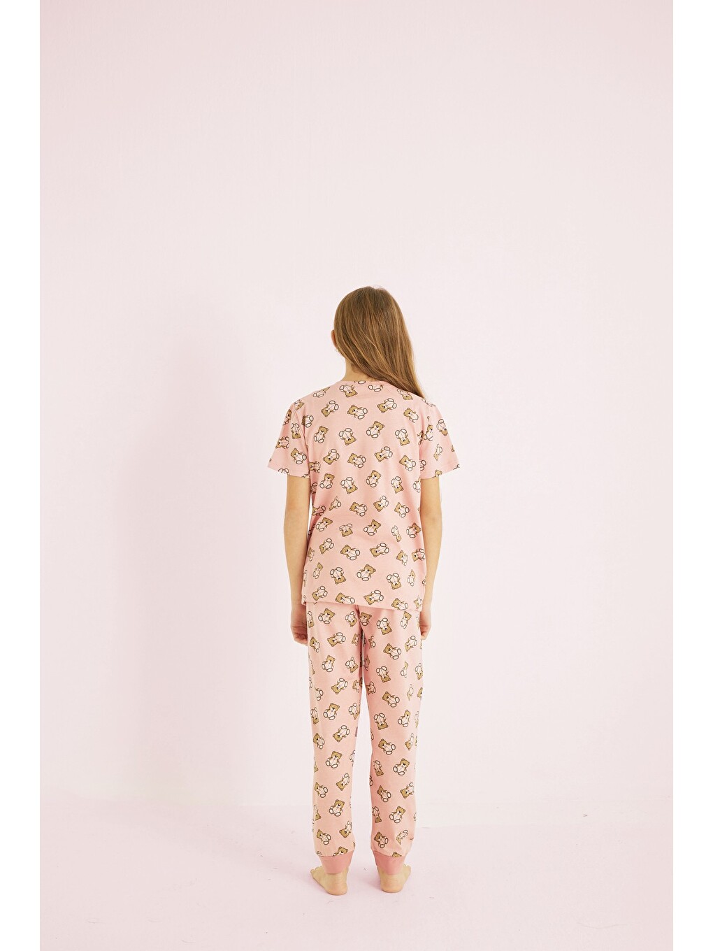 Pembe Kız Çocuk %100 Pamuk Ayıcık Baskılı Bisiklet Yaka Pijama Takım25110055-1