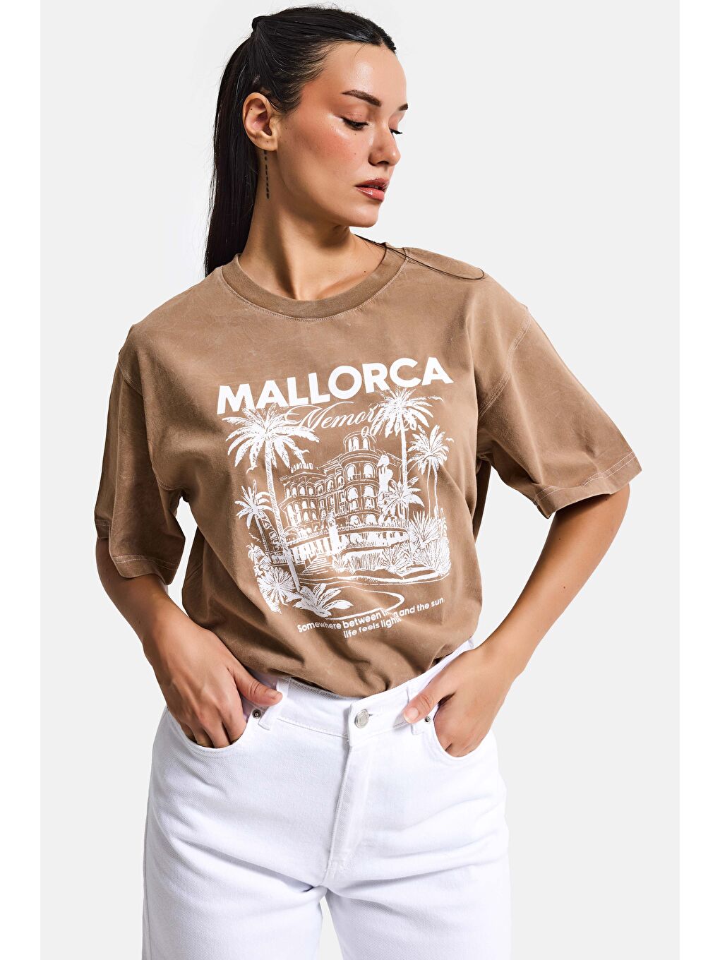 Kahverengi Kadın Kahve s6-16 Oversize Mallorca Baskılı %100 Pamuk T-Shirt-4