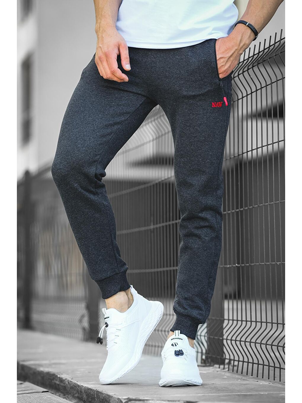 Gri Sorel Paçası Lastikli Şardonlu Kalın Kumaş Slim Fit Erkek Jogger Eşofman Altı-1