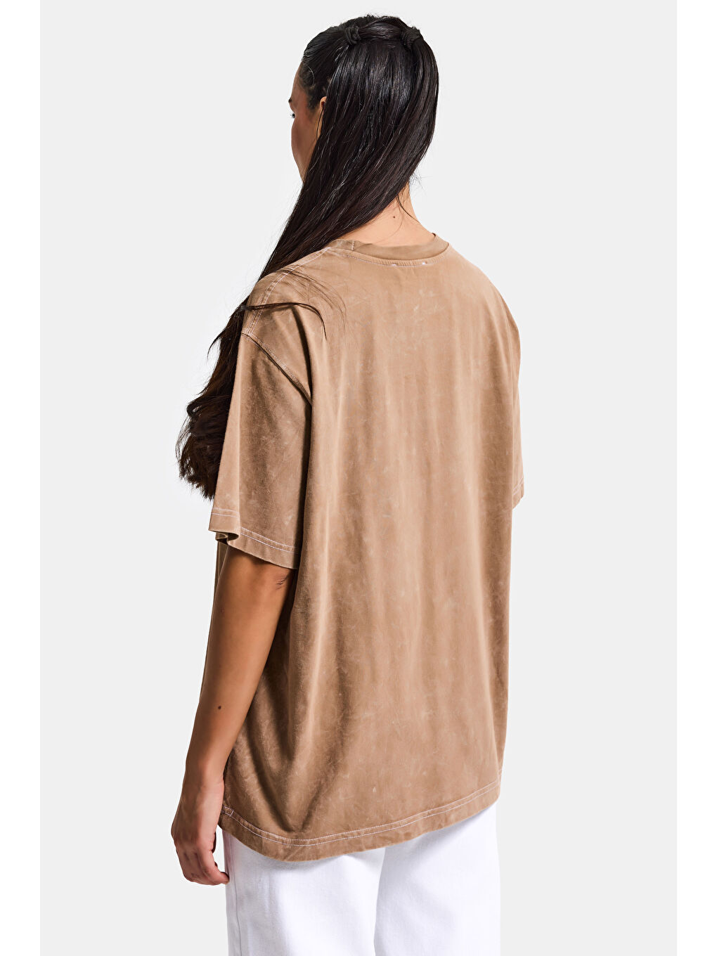 Kahverengi Kadın Kahve s6-16 Oversize Mallorca Baskılı %100 Pamuk T-Shirt-5